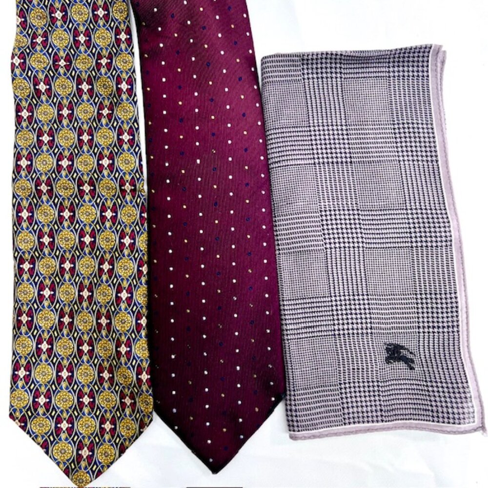 Set: 2 Neckties Burberry Burgendy Dott & Feraud Louis +1Burberry Handkerchief(52 - Picture 8 of 13